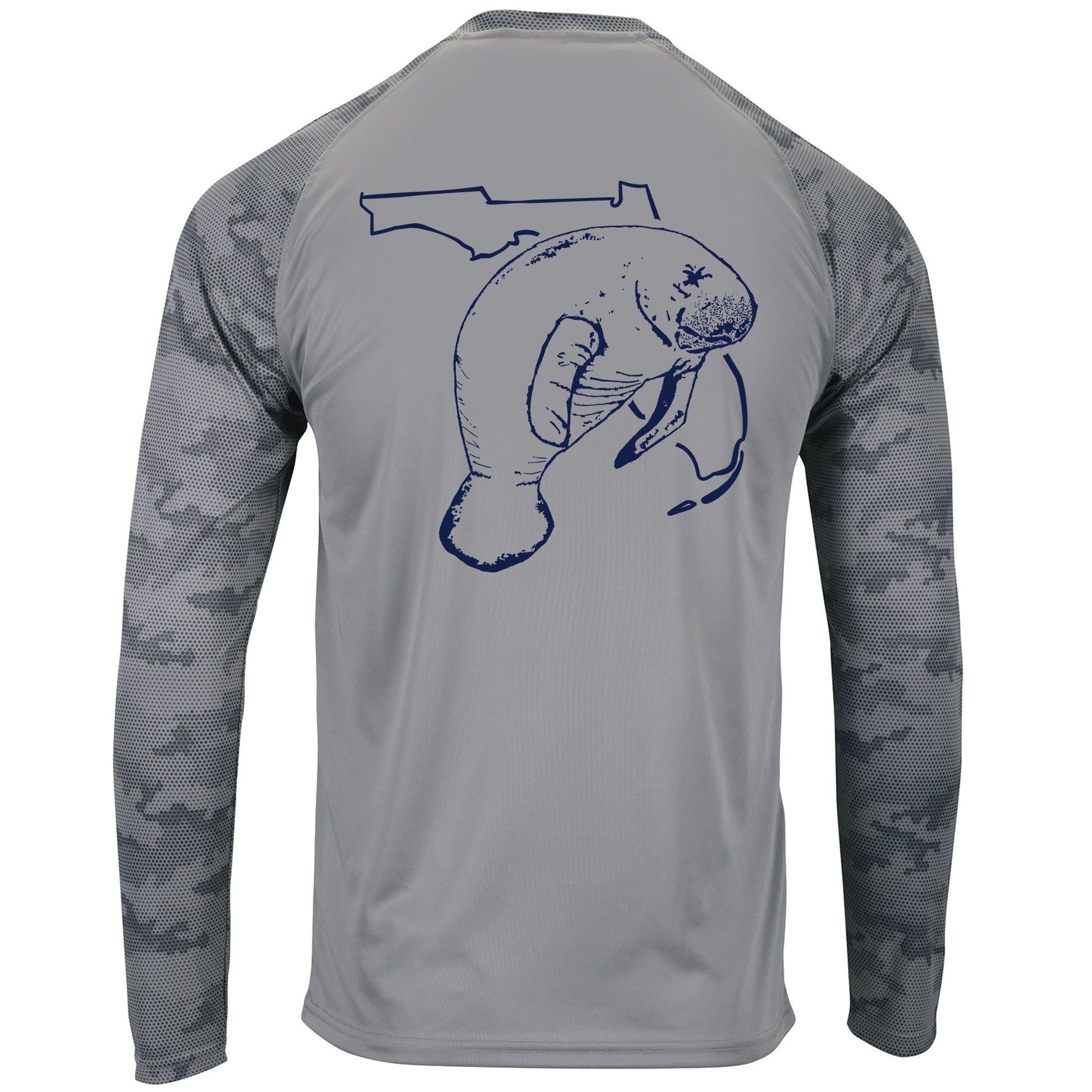Unisex medium gray digital camo sleeves, performance shirt with 50+ UPF, Florida Manatee design on back, Reel Fishy logo on front.
