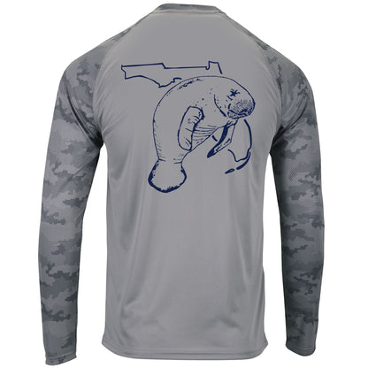 Unisex medium gray digital camo sleeves, performance shirt with 50+ UPF, Florida Manatee design on back, Reel Fishy logo on front.