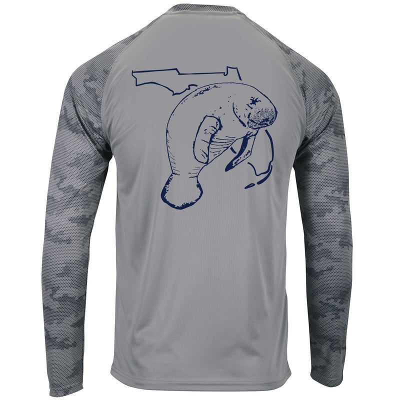 Unisex medium gray digital camo sleeves, performance shirt with 50+ UPF, Florida Manatee design on back, Reel Fishy logo on front.