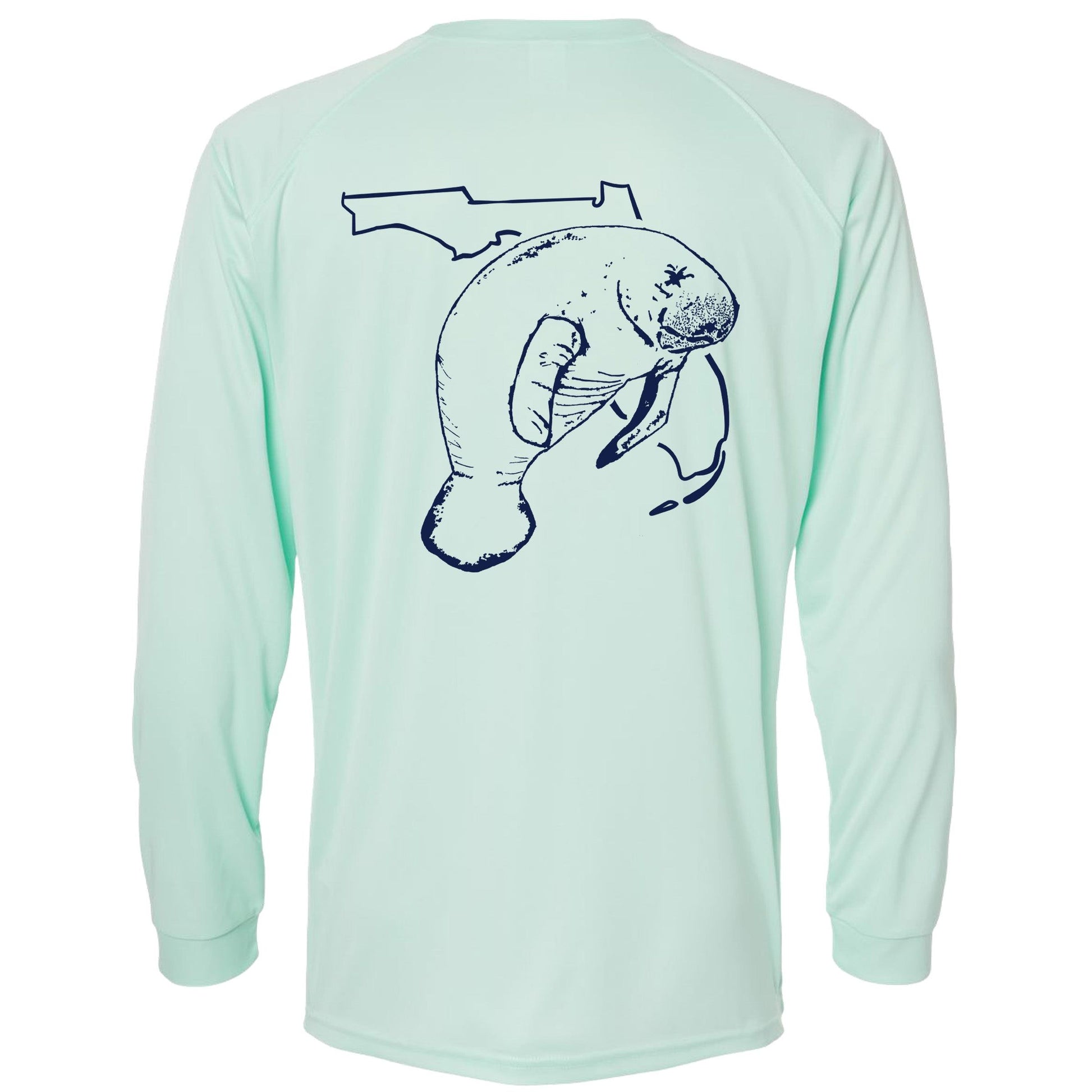 Unisex mint green long sleeves performance shirt with 50+ UPF, Florida Manatee design on back, Reel Fishy logo on front.
