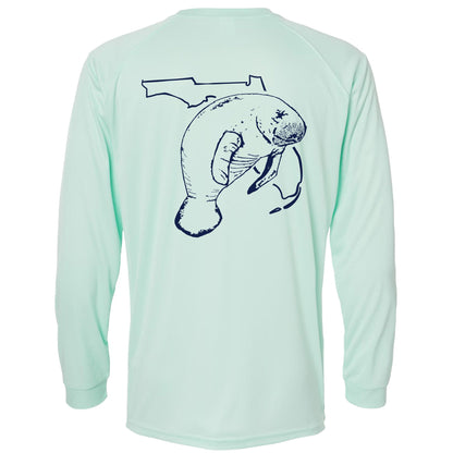 Unisex mint green long sleeves performance shirt with 50+ UPF, Florida Manatee design on back, Reel Fishy logo on front.