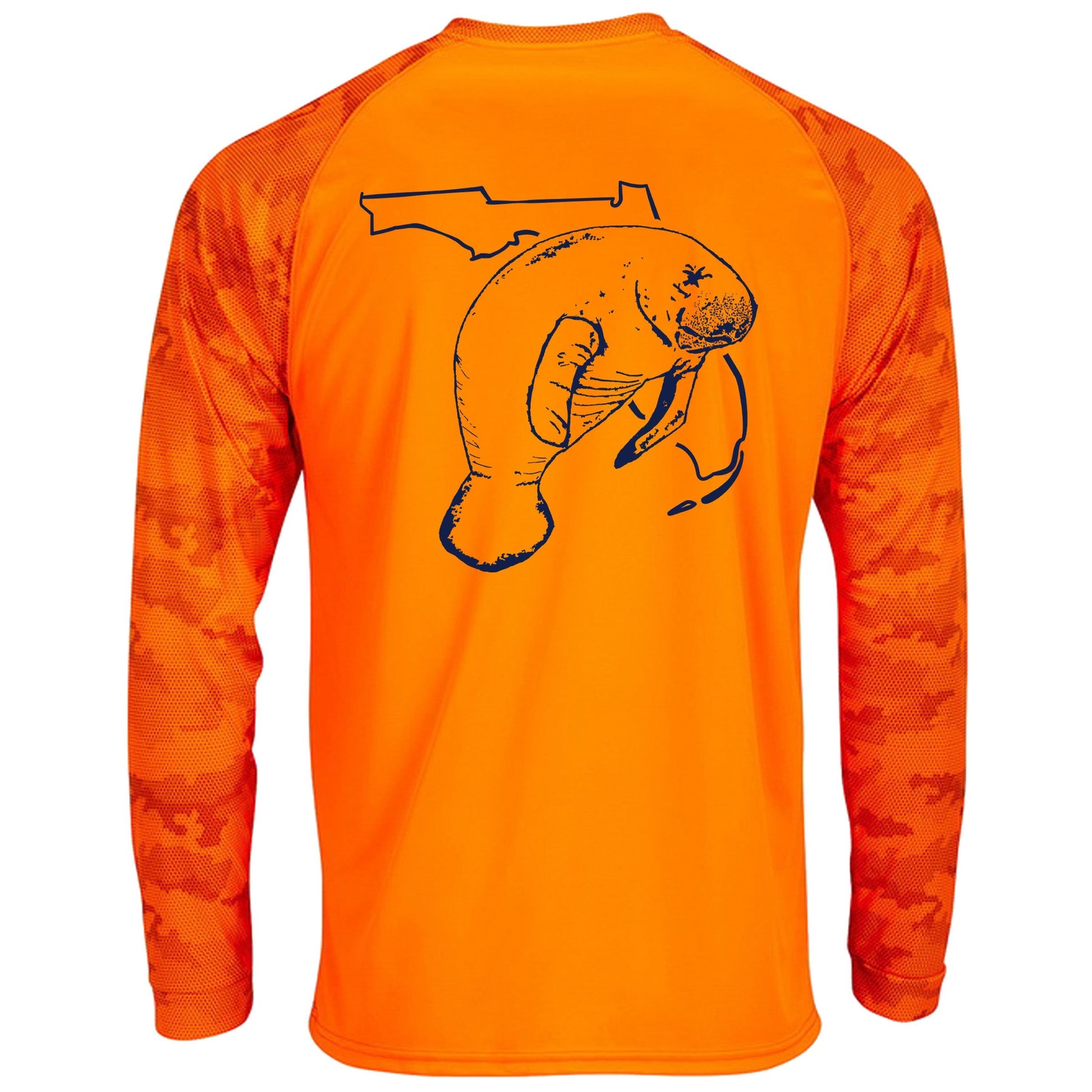 Unisex neon orange digital camo sleeves, performance shirt with 50+ UPF, Florida Manatee design on back, Reel Fishy logo on front.