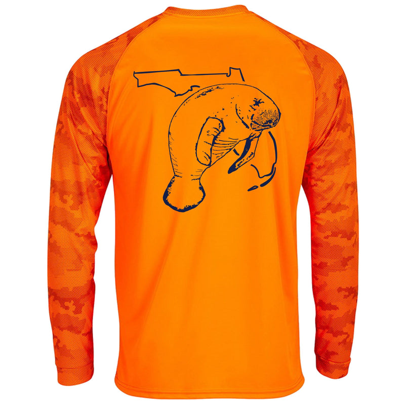 Unisex neon orange digital camo sleeves, performance shirt with 50+ UPF, Florida Manatee design on back, Reel Fishy logo on front.