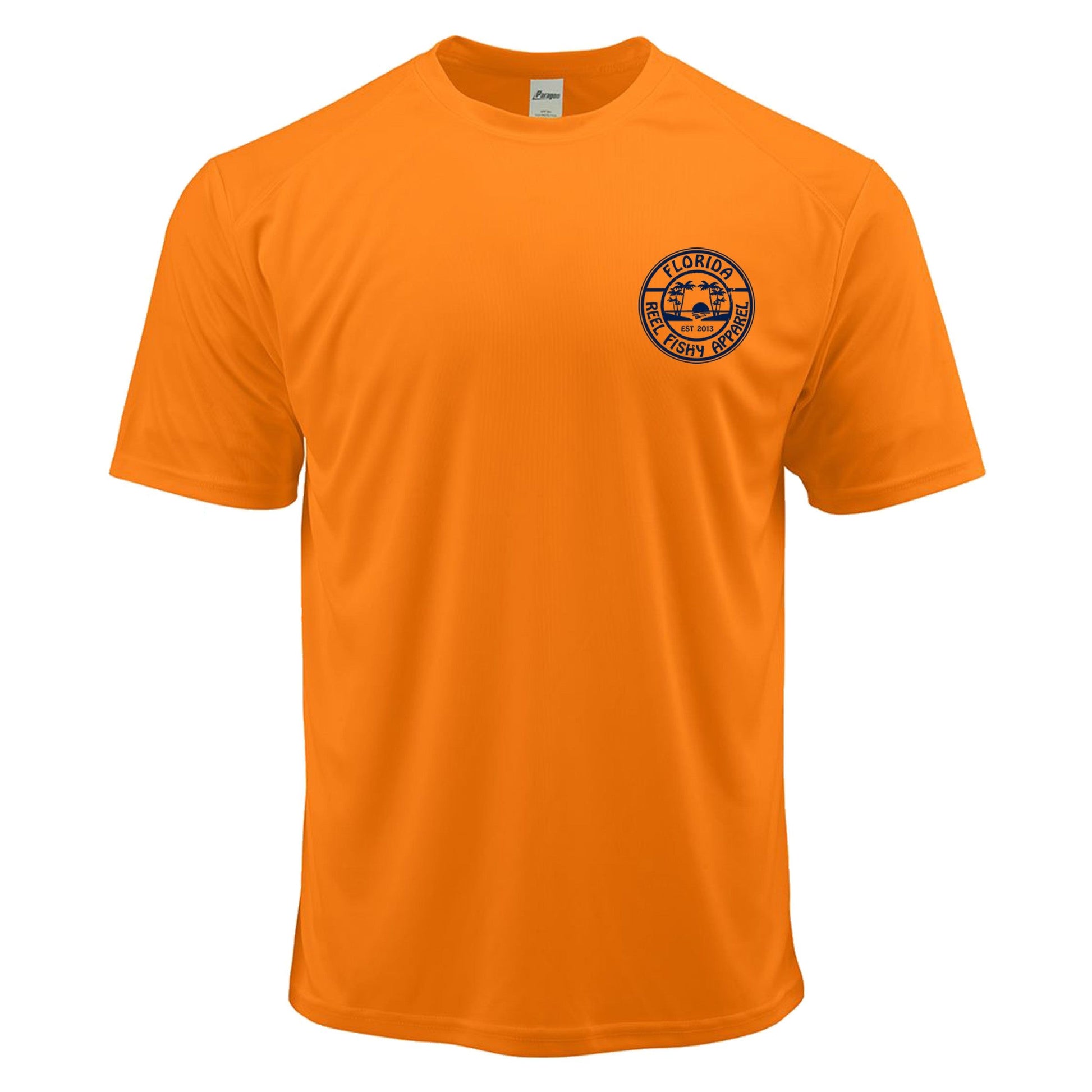 Unisex neon orange short sleeves performance shirt with 50+ UPF, Florida Manatee design on back, Reel Fishy logo on front.