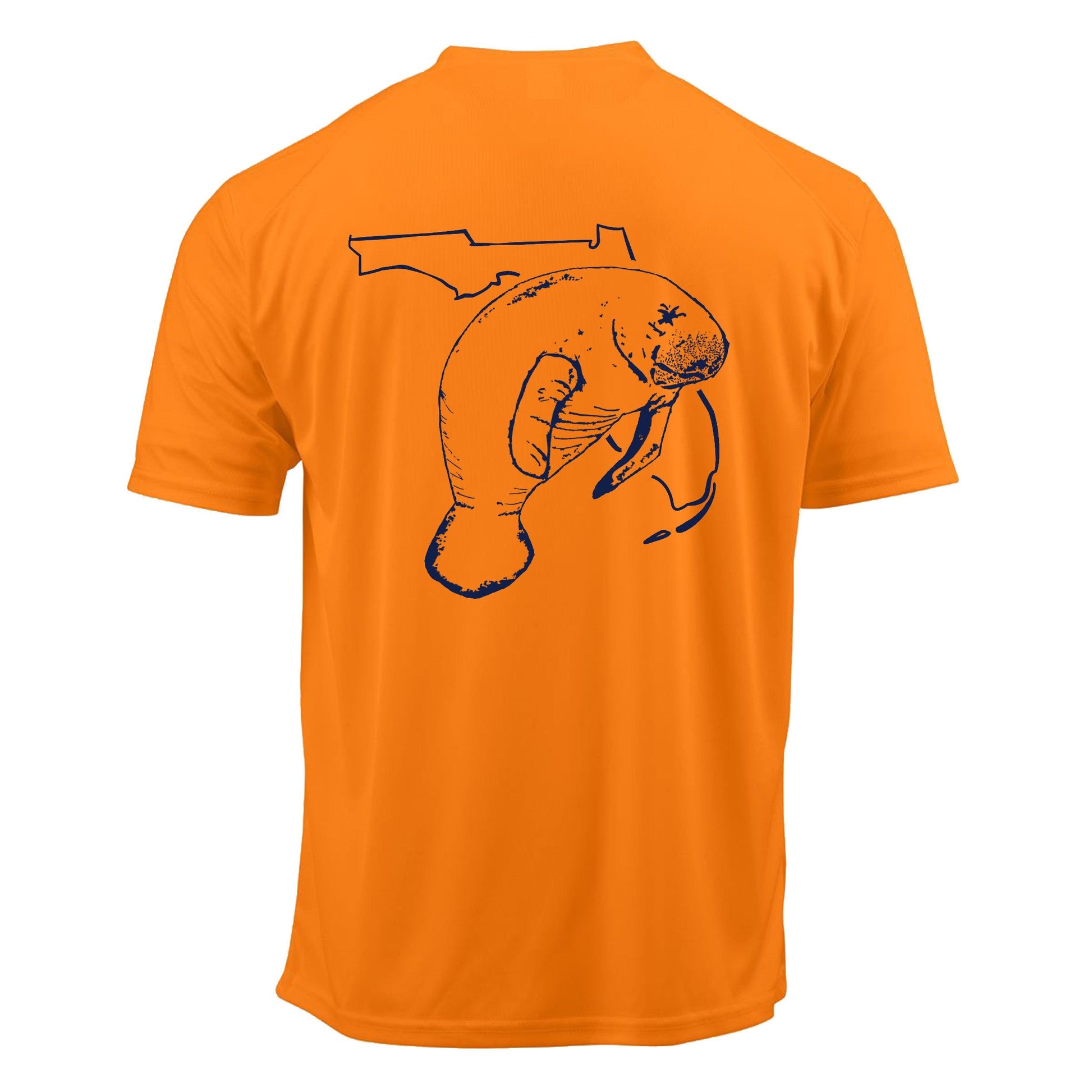 Unisex neon orange short sleeves performance shirt with 50+ UPF, Florida Manatee design on back, Reel Fishy logo on front.