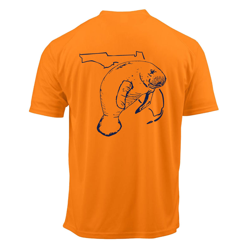 Unisex neon orange short sleeves performance shirt with 50+ UPF, Florida Manatee design on back, Reel Fishy logo on front.