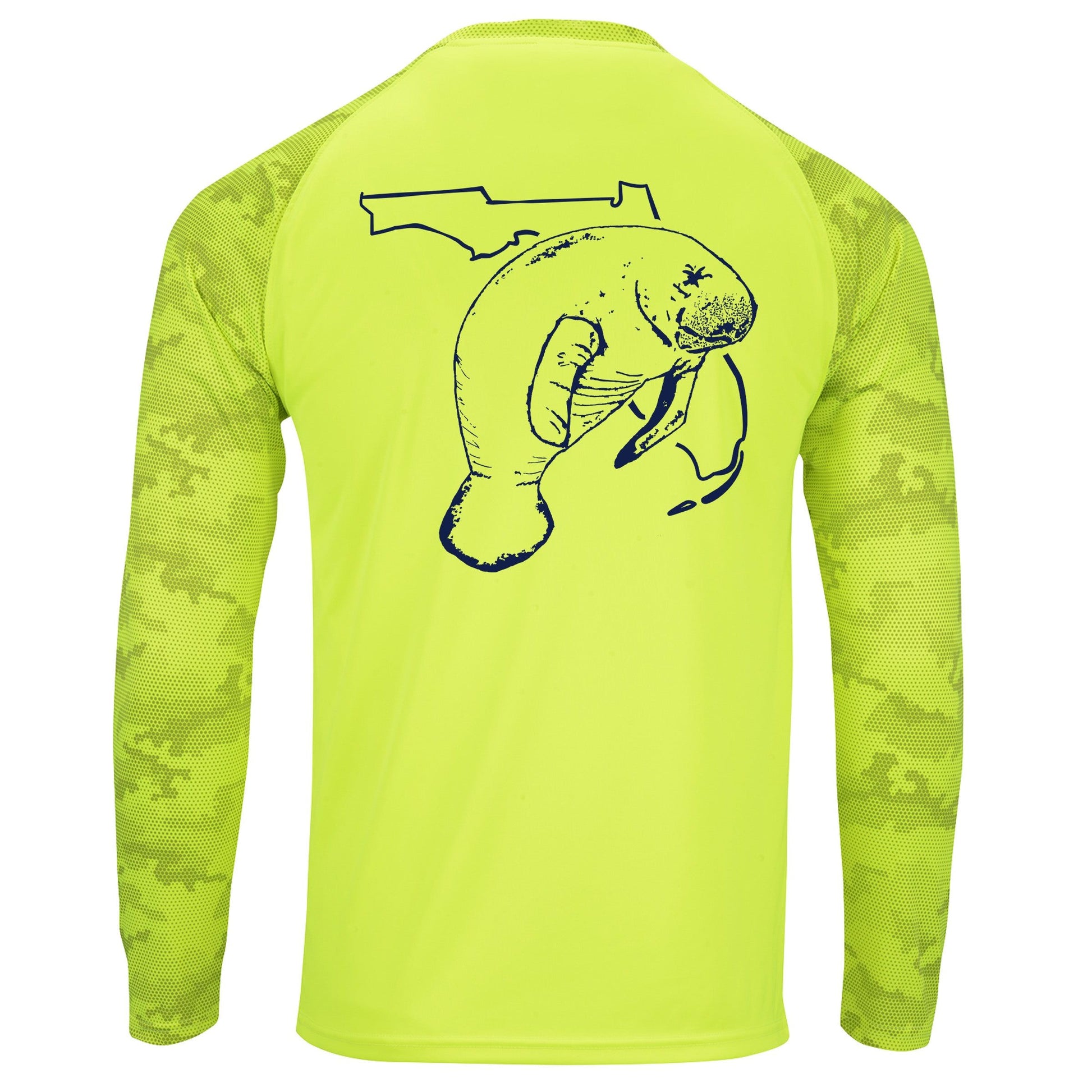 Unisex neon yellow digital camo sleeves, performance shirt with 50+ UPF, Florida Manatee design on back, Reel Fishy logo on front.