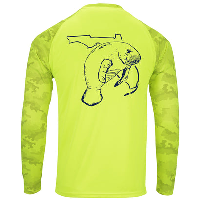 Unisex neon yellow digital camo sleeves, performance shirt with 50+ UPF, Florida Manatee design on back, Reel Fishy logo on front.