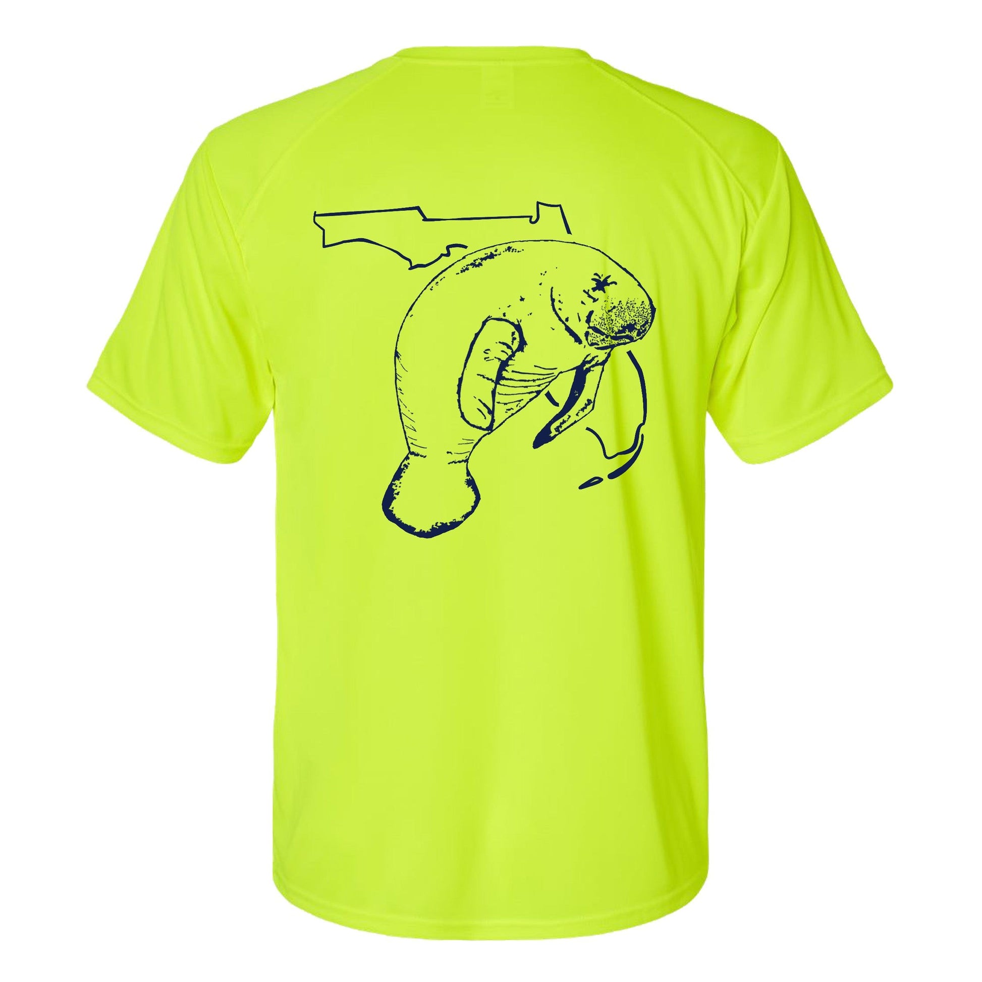 Unisex neon yellow short  sleeves performance shirt with 50+ UPF, Florida Manatee design on back, Reel Fishy logo on front.