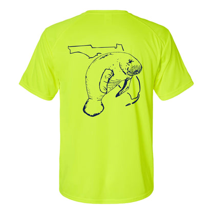Unisex neon yellow short  sleeves performance shirt with 50+ UPF, Florida Manatee design on back, Reel Fishy logo on front.