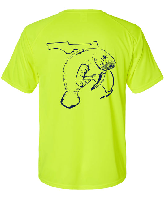 Unisex neon yellow short  sleeves performance shirt with 50+ UPF, Florida Manatee design on back, Reel Fishy logo on front.