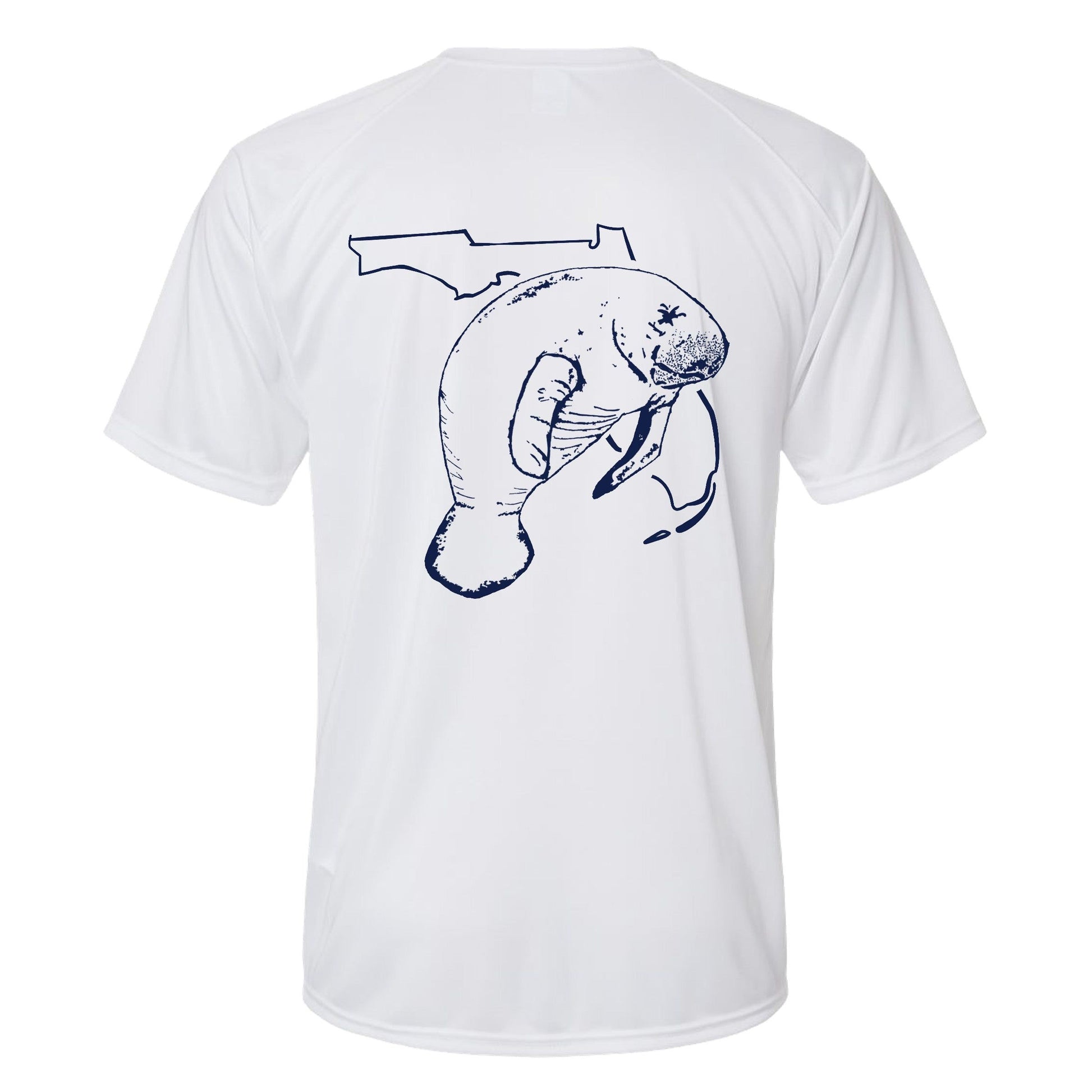 Unisex white short sleeves performance shirt with 50+ UPF, Florida Manatee design on back, Reel Fishy logo on front.