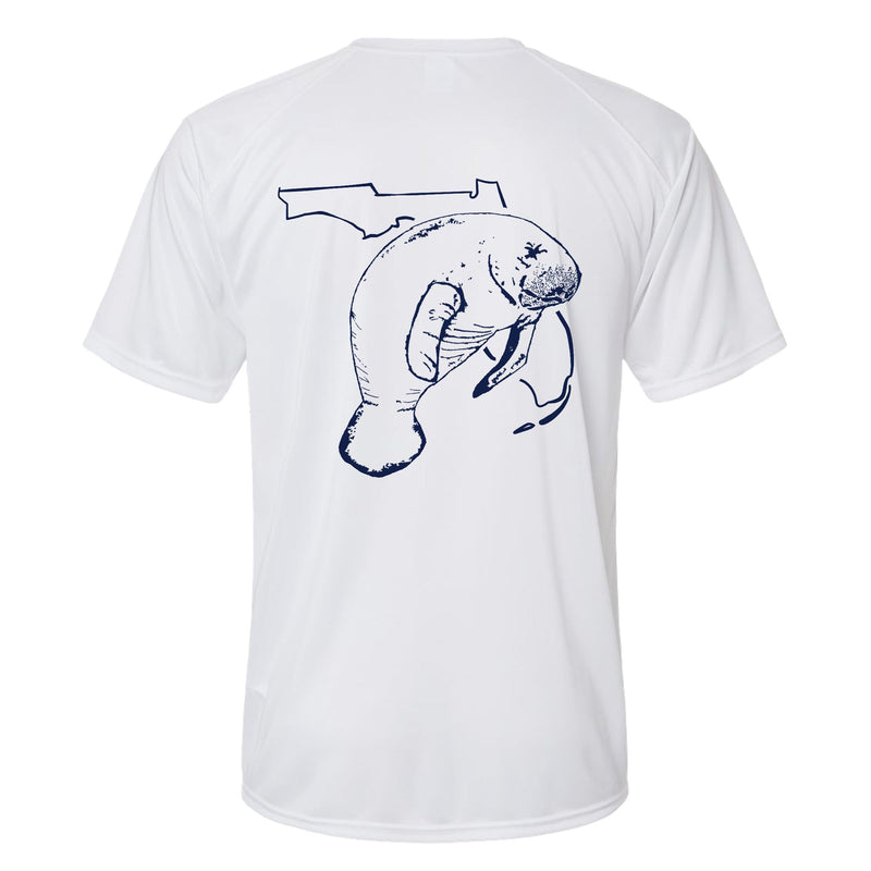Unisex white short sleeves performance shirt with 50+ UPF, Florida Manatee design on back, Reel Fishy logo on front.
