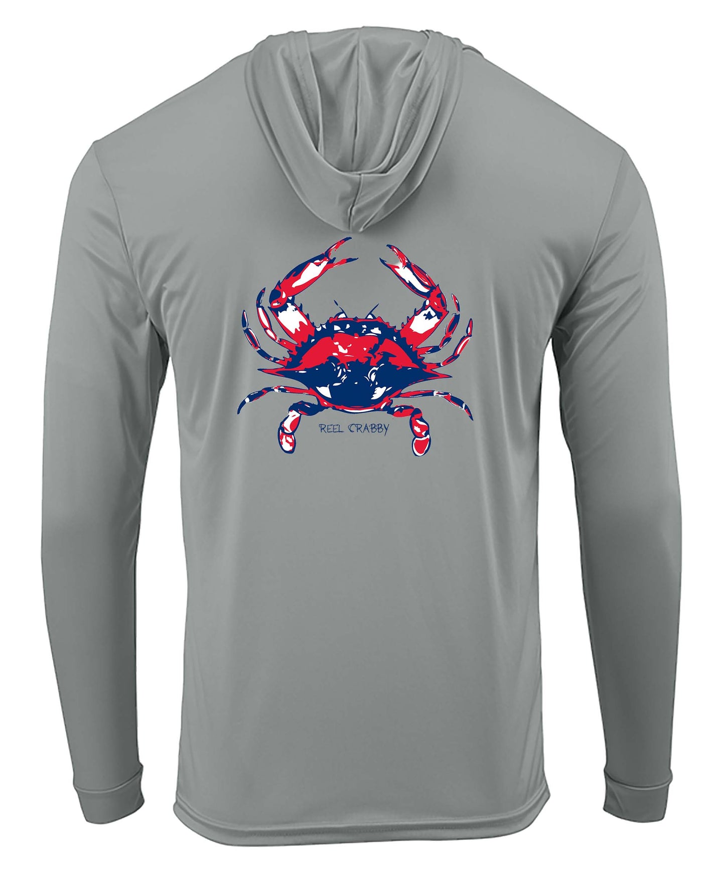 American Blue Crab -Reel Crabby Performance Hoodie Dry-fit Long Sleeve Med Gray