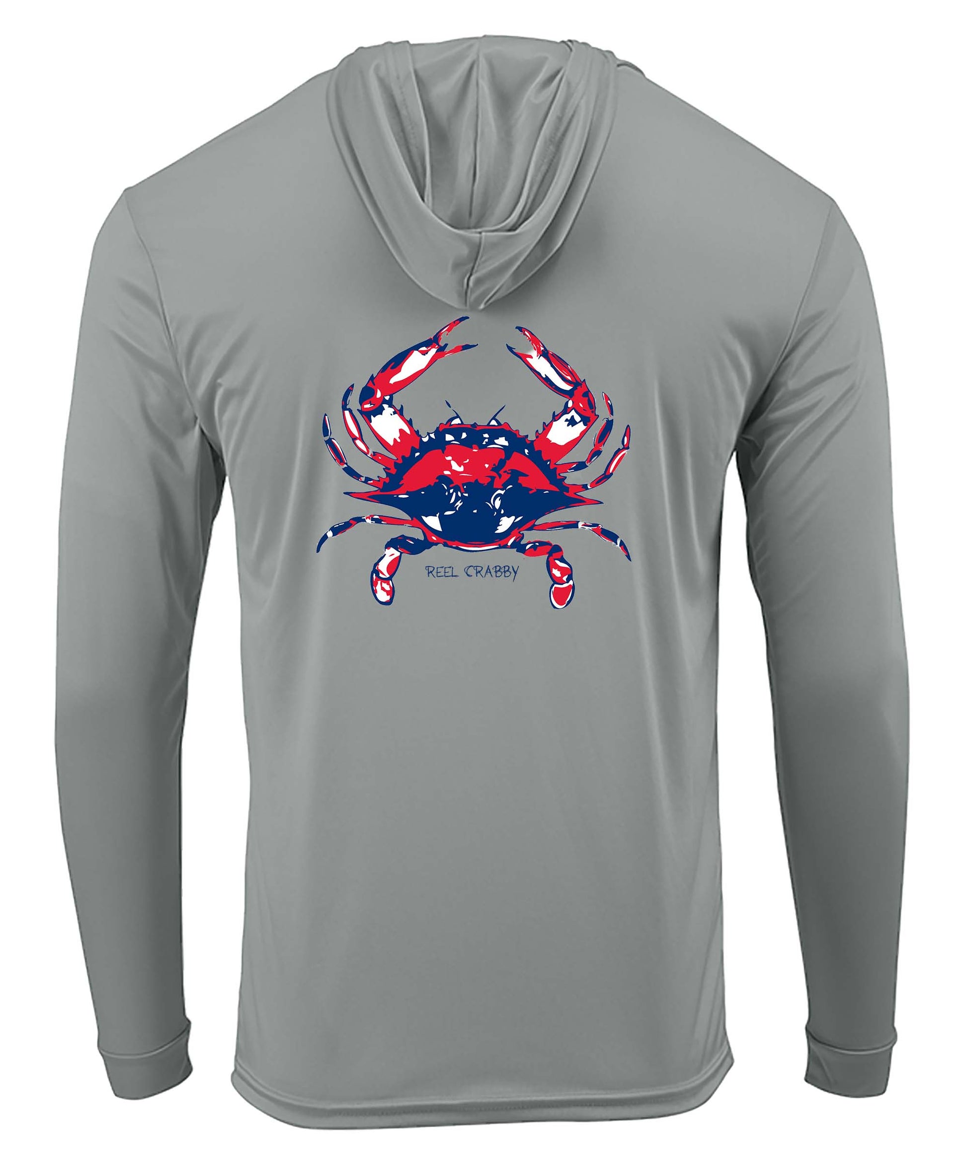 Reel Fishy Performance Hoodies 50+uv -Multiple Design Choices! S / Crab Med Gray Hoodie L/S - unisex