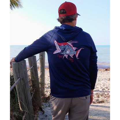 Model wearing navy Hogfish Reef Hog dri-fit 50+ sun protection long sleeve hoodie