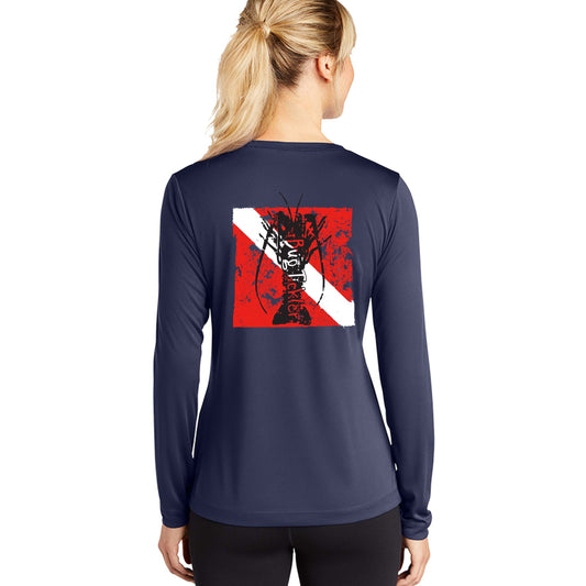 Model wearing ladies navy long sleeve V-neck performance fishing shirt with sun protection, "Bug Tickler" lobster dive flag logo on the back.