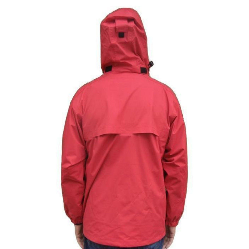 Model wearing red rain jacket with hood and Reel Fishy Tarpon embroidery