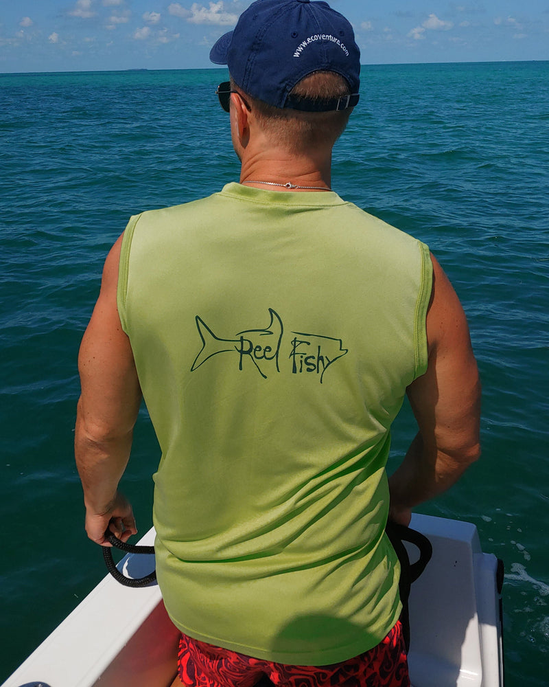Model wearing lime green performance  Reel Fishy Tarpon sleeveless shirt