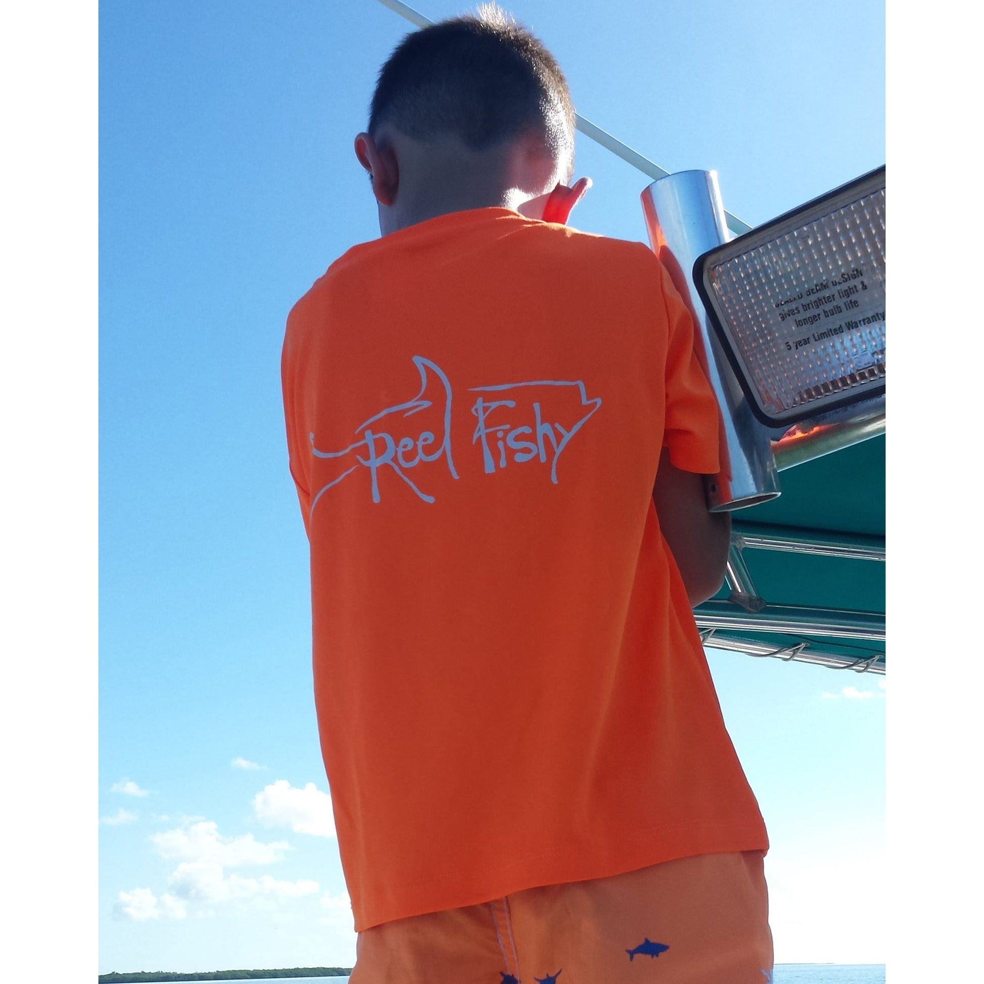 Youth Performance Dry-Fit Tarpon Fishing Shirts with Sun Protection by Reel Fishy Apparel - Short Sleeve Neon Orange