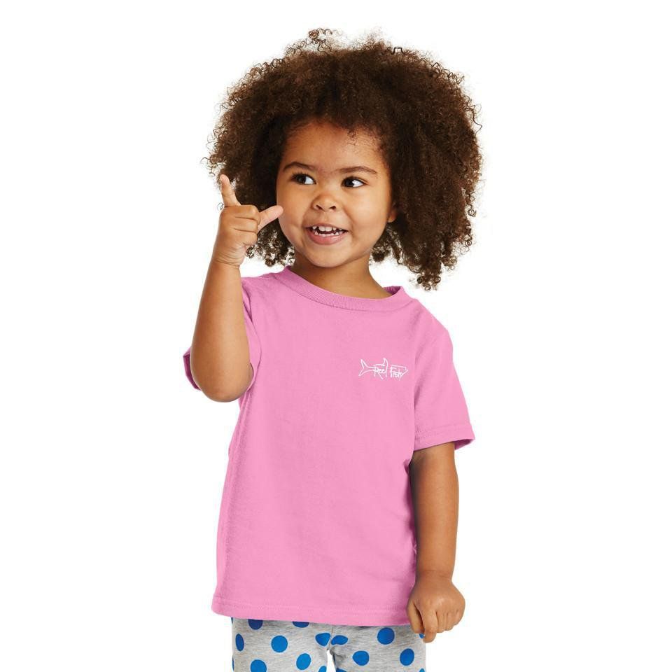 Child model wearing pink cotton Reel Fishy t-shirt with Pirate Skull and fishing rods design (front)