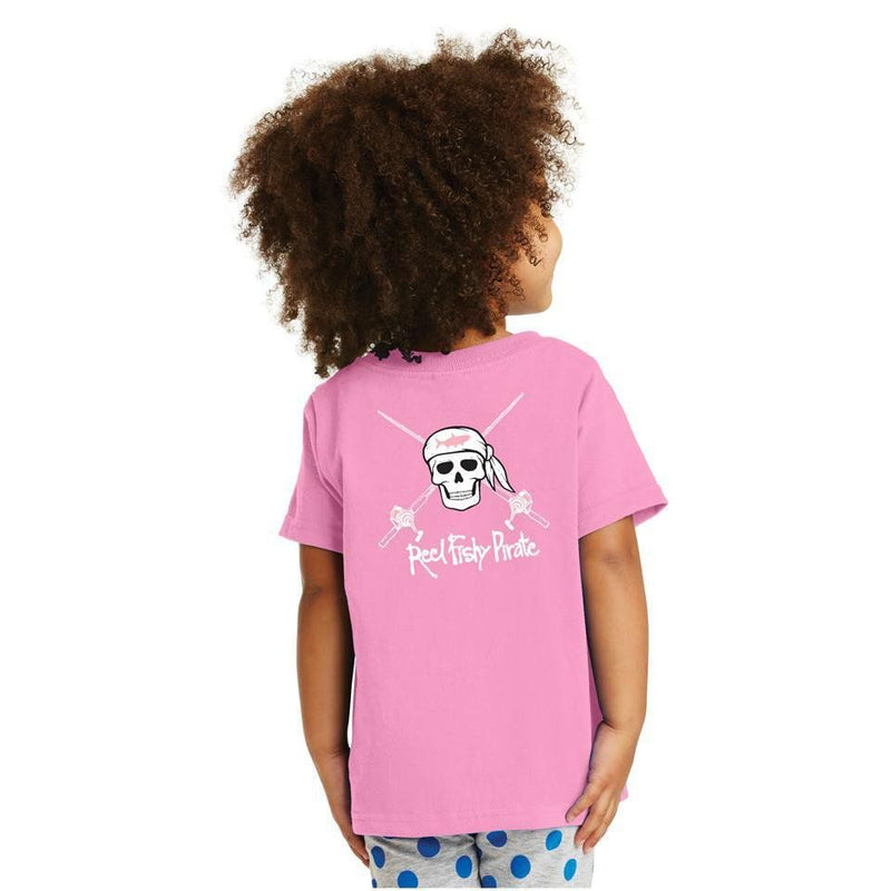 Child model wearing pink cotton Reel Fishy t-shirt with Pirate Skull and fishing rods design