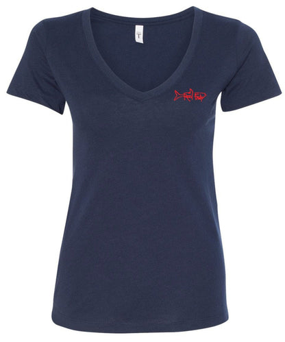 Ladies Lobster V-Neck Tees with "Bug Tickler" Dive Logo in Navy with Reel Fishy Tarpon logo on Front