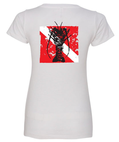 Ladies Lobster V-Neck Tees with "Bug Tickler" Dive Logo in White