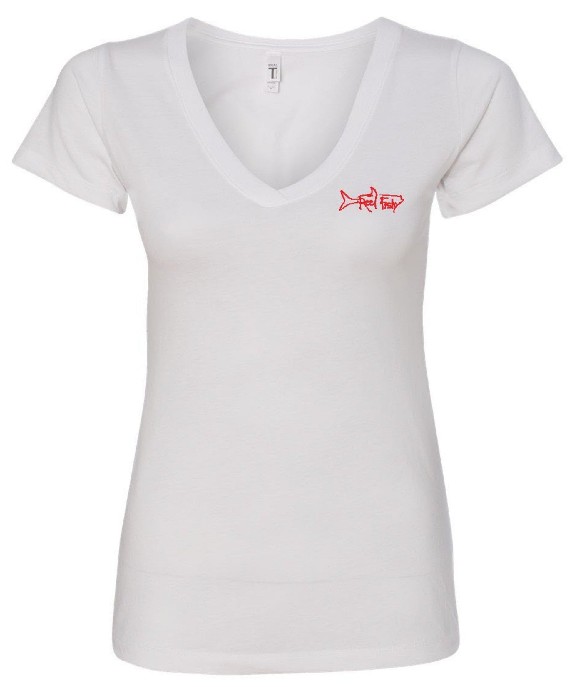 Ladies Lobster V-Neck Tees with "Bug Tickler" Dive Logo in White with Reel Fishy Tarpon logo on Front