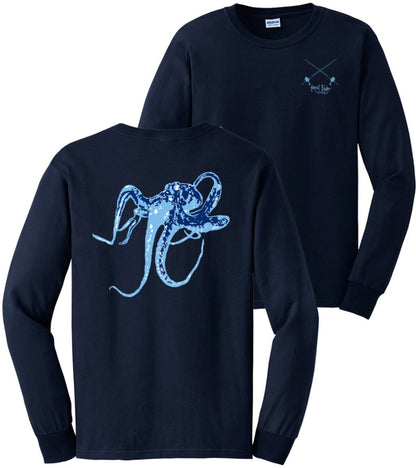 Octopus Cotton Navy Long Sleeve Shirt (front Reel Fishy Salt Rods) - Blue Logo