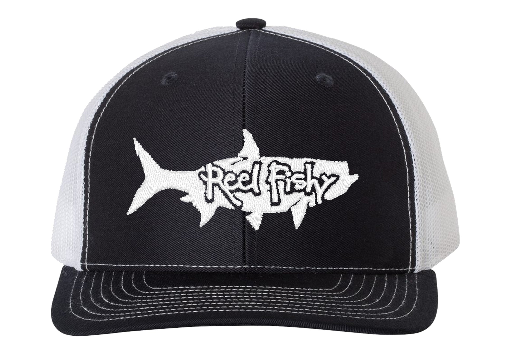 Tarpon Fishing Trucker Hats, Fishing Snapback Trucker Cap - Reel Fishy Black w/White Tarpon Logo
