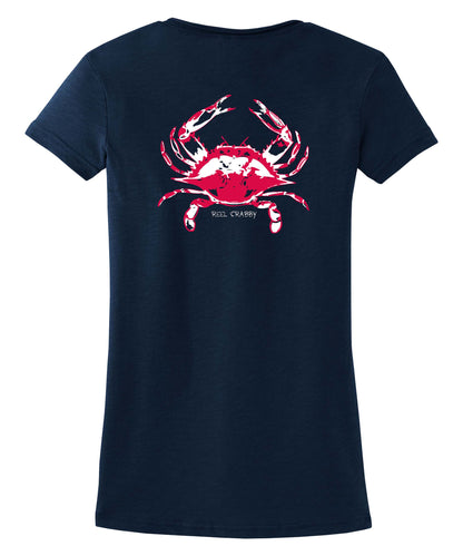Ladies Crab V-neck Reel Crabby tee - Navy