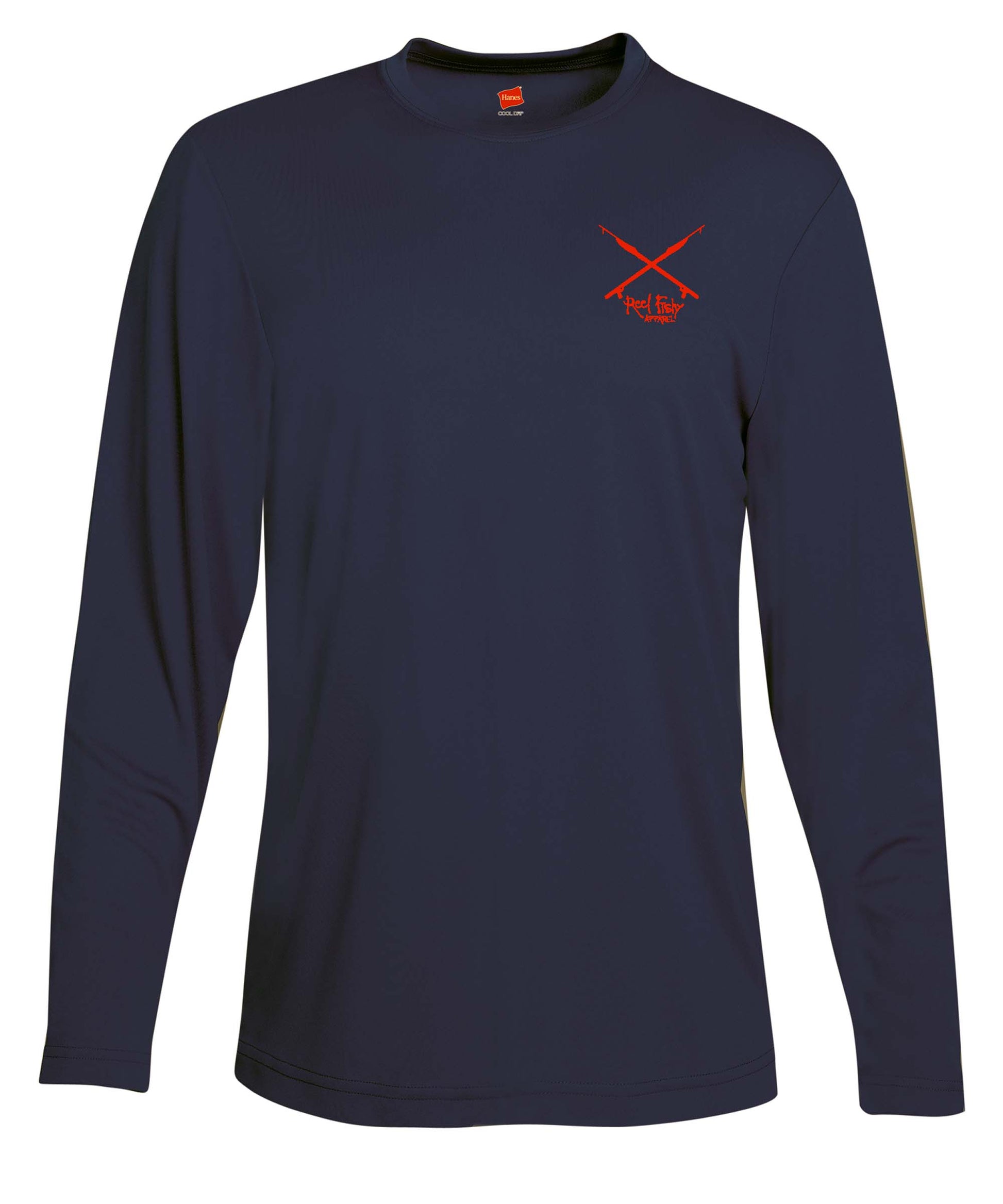 Navy Long Sleeve Hogfish Performance Dry-Fit Sun Protection Shirt with 50+ UV Protection by Reel Fishy Apparel (Front with Spear Rods logo)
