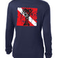 Ladies Lobster Performance Dry-Fit V-neck Fishing shirts with Sun Protection - "Bug Tickler" Dive Logo - Navy Long Sleeve
