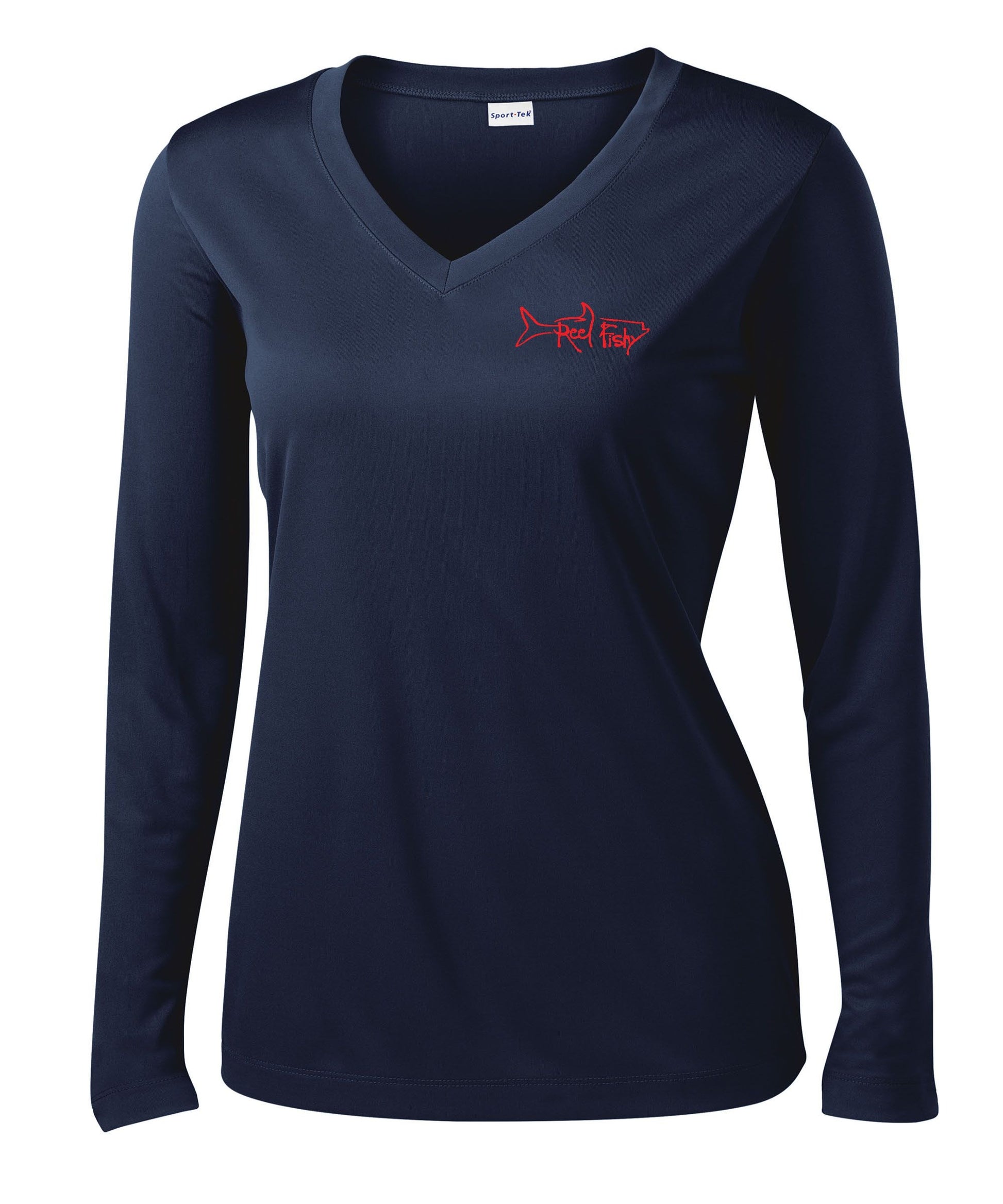 Ladies Lobster Performance Dry-Fit V-neck Fishing shirts with Sun Protection - "Bug Tickler" Dive Logo - Navy Long Sleeve (front Reel Fishy Tarpon logo)