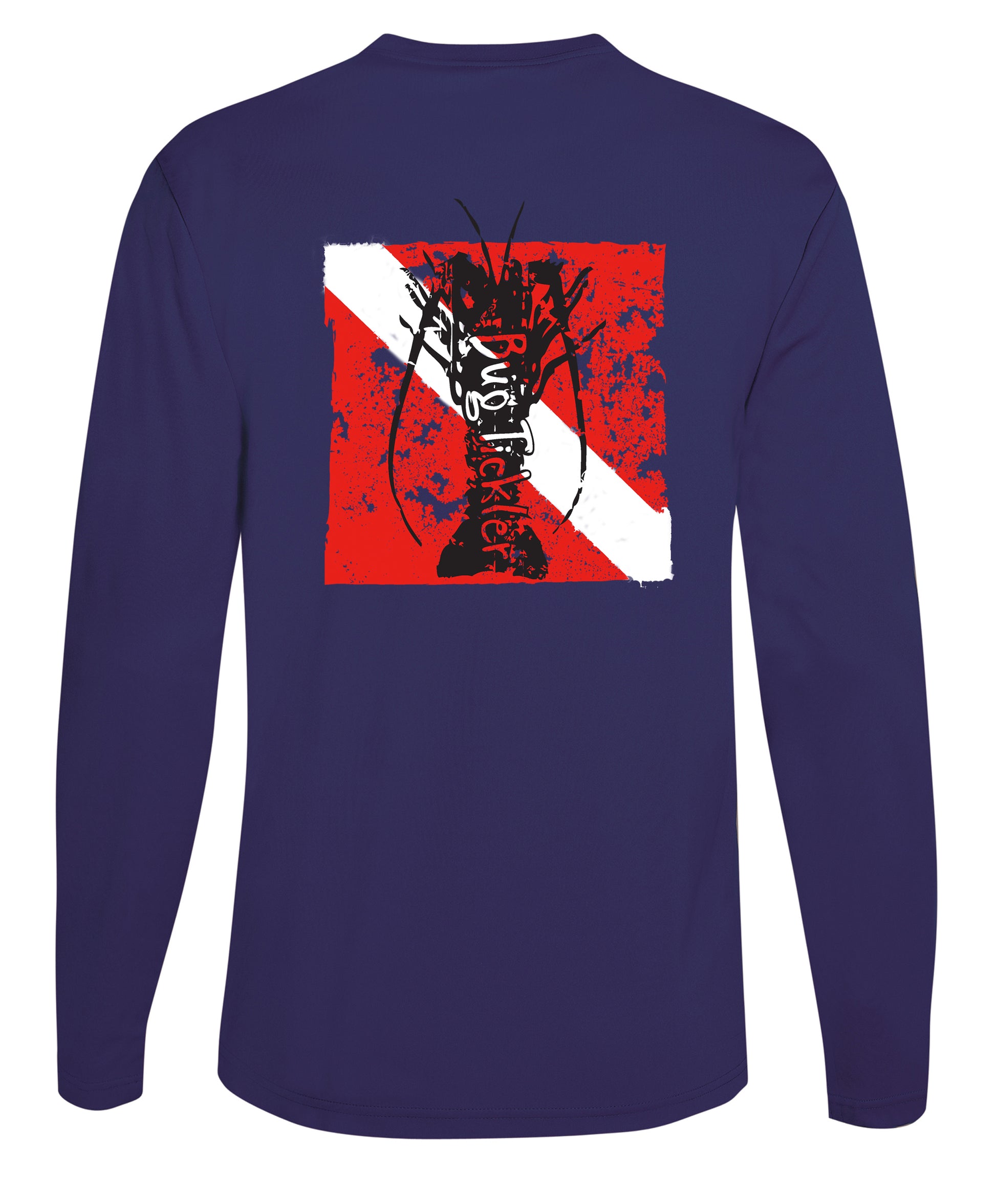 Lobster Performance Dry-Fit Fishing shirts with Sun Protection - "Bug Tickler" Dive Logo - Navy Long Sleeve