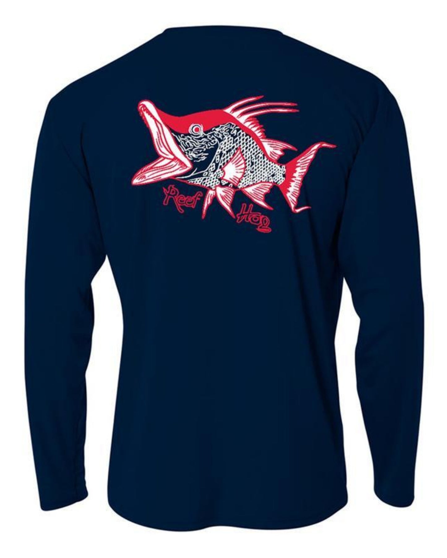 Hogfish "Reef Hog" Performance Dry-fit Long Sleeve Navy Shirt with 50+ UV Sun Protection