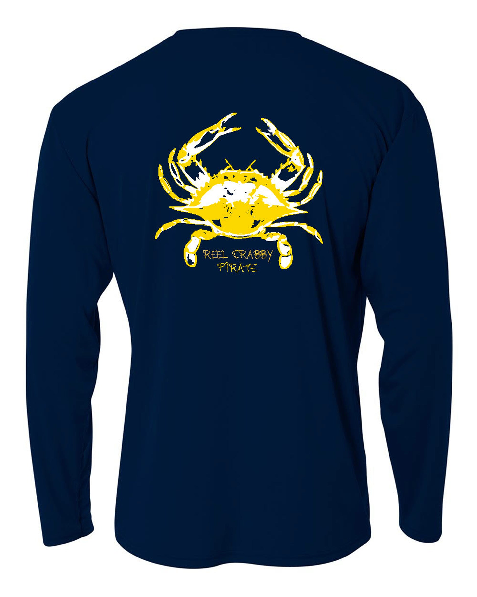 Navy Youth Crab "Reel Crabby Pirate" Long Sleeve Performance Dry-Fit Shirts with Sun Protection by Reel Fishy Apparel