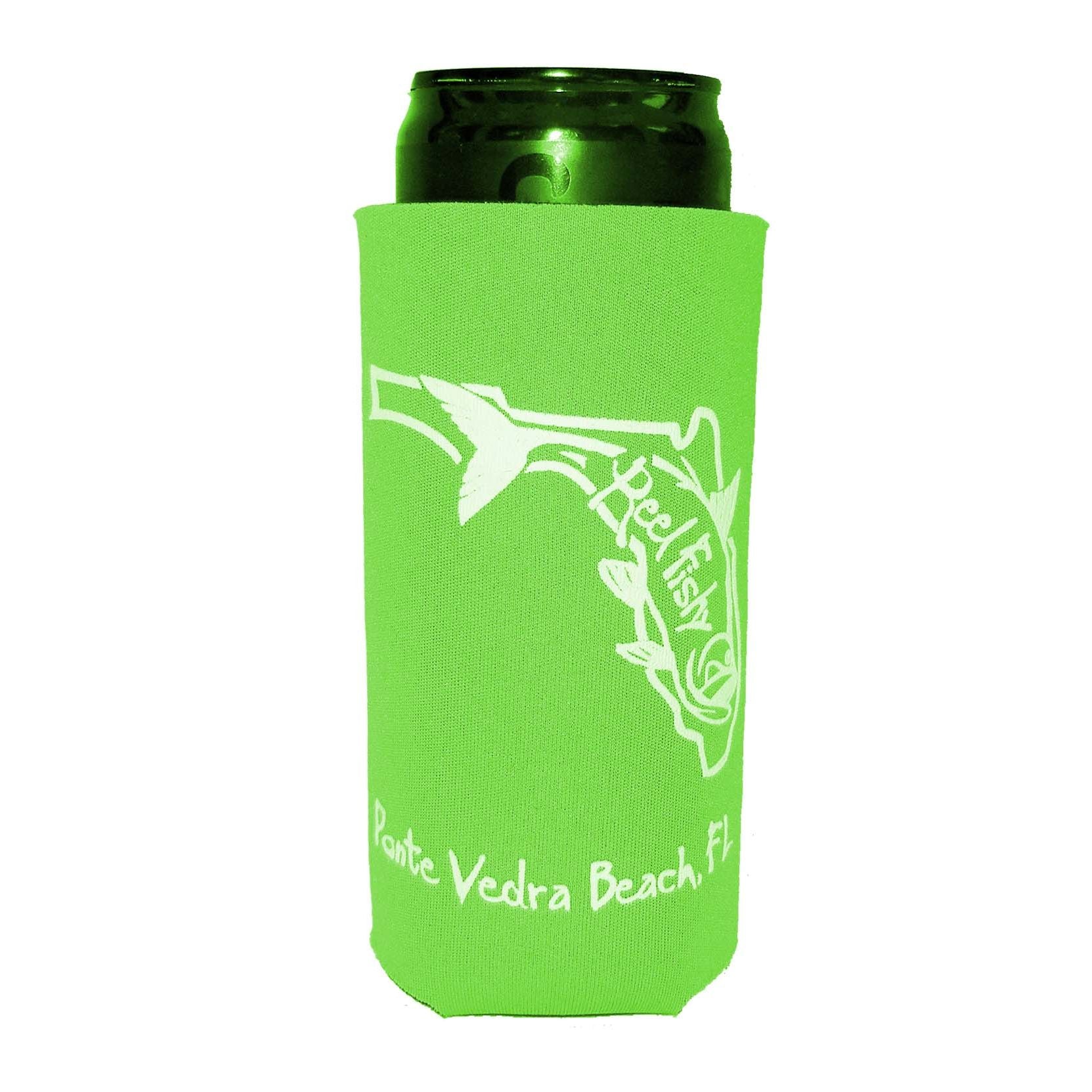 Neon Green Skinny Koozie with State of Florida Reel Fishy Tarpon Logo