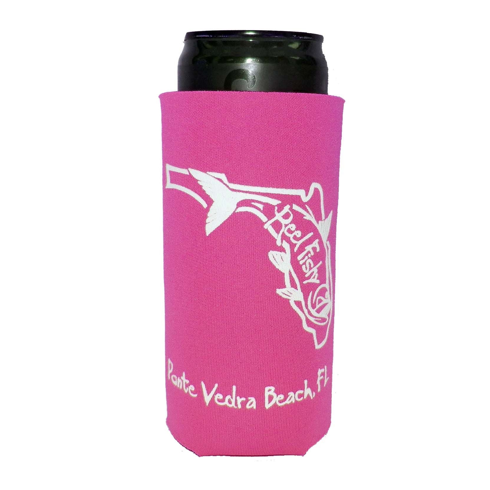Neon Pink Skinny Koozie with State of Florida Reel Fishy Tarpon Logo