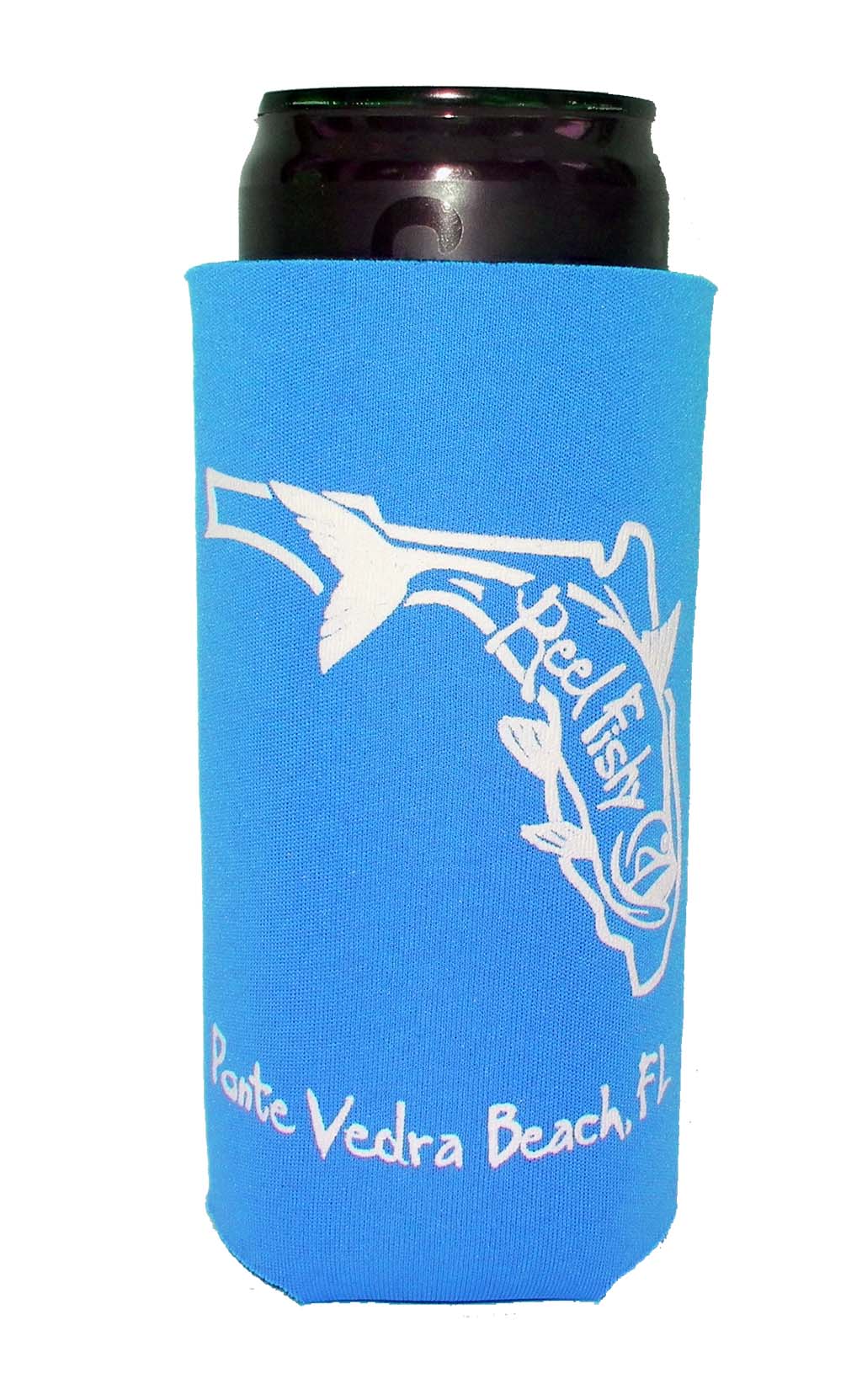 Neon Blue Slim Koozie - State of FL Tarpon logo