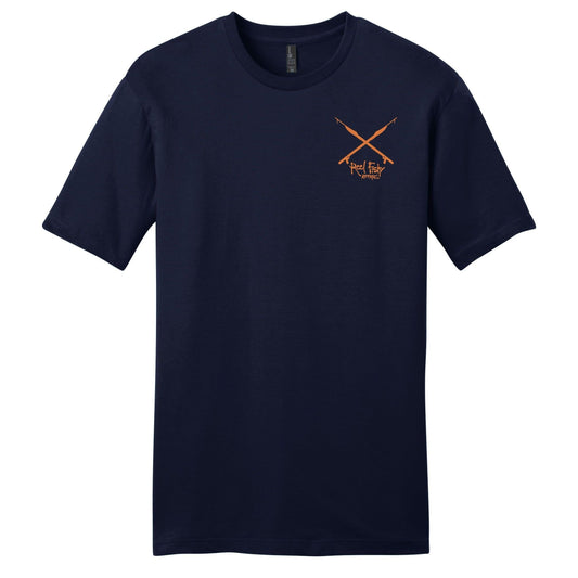 Octopus cotton short sleeve crew t-shirt in navy. Front with Spear Reel Fishy Spears logo