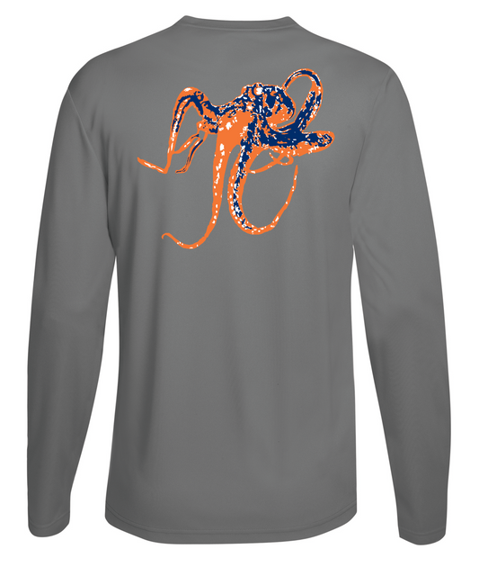 Unisex gray long sleeve performance shirt with octopus graphic
