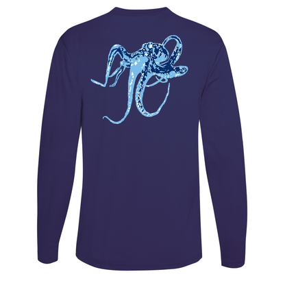 Unisex navy long sleeve performance shirt with blue octopus graphic