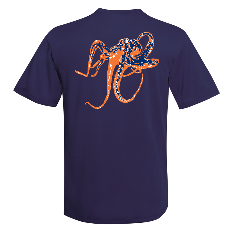 Unisex navy short sleeve performance shirt with orange octopus graphic