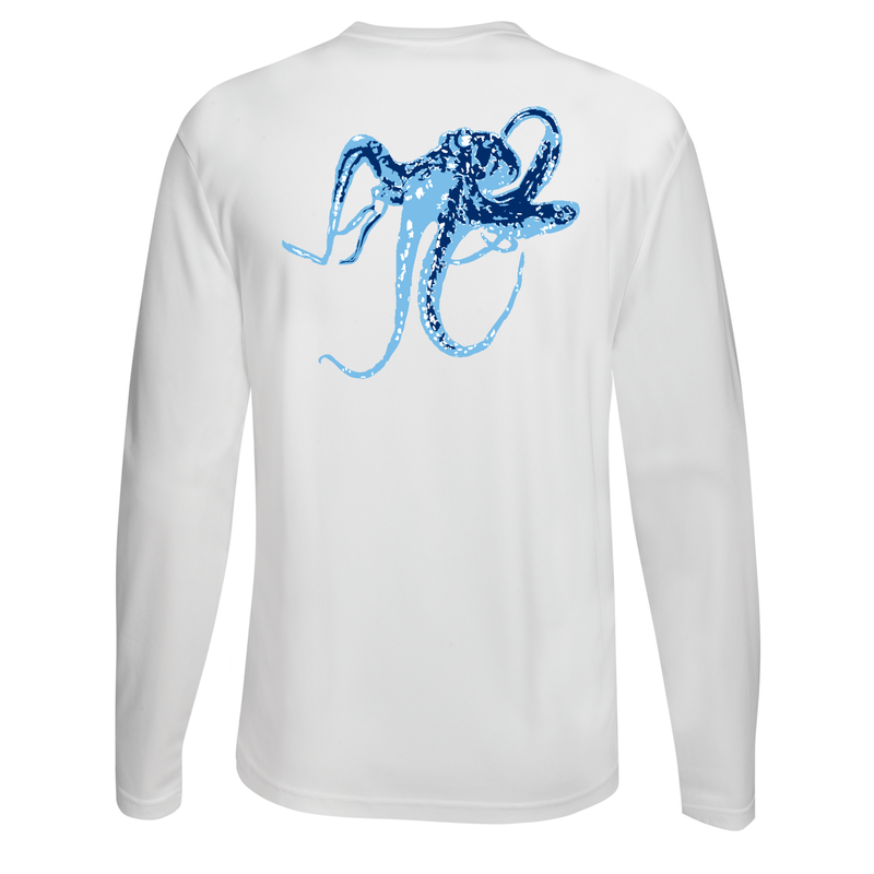 Unisex white long sleeve performance shirt with blue octopus graphic
