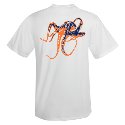 Unisex white short sleeve performance shirt with orange octopus graphic