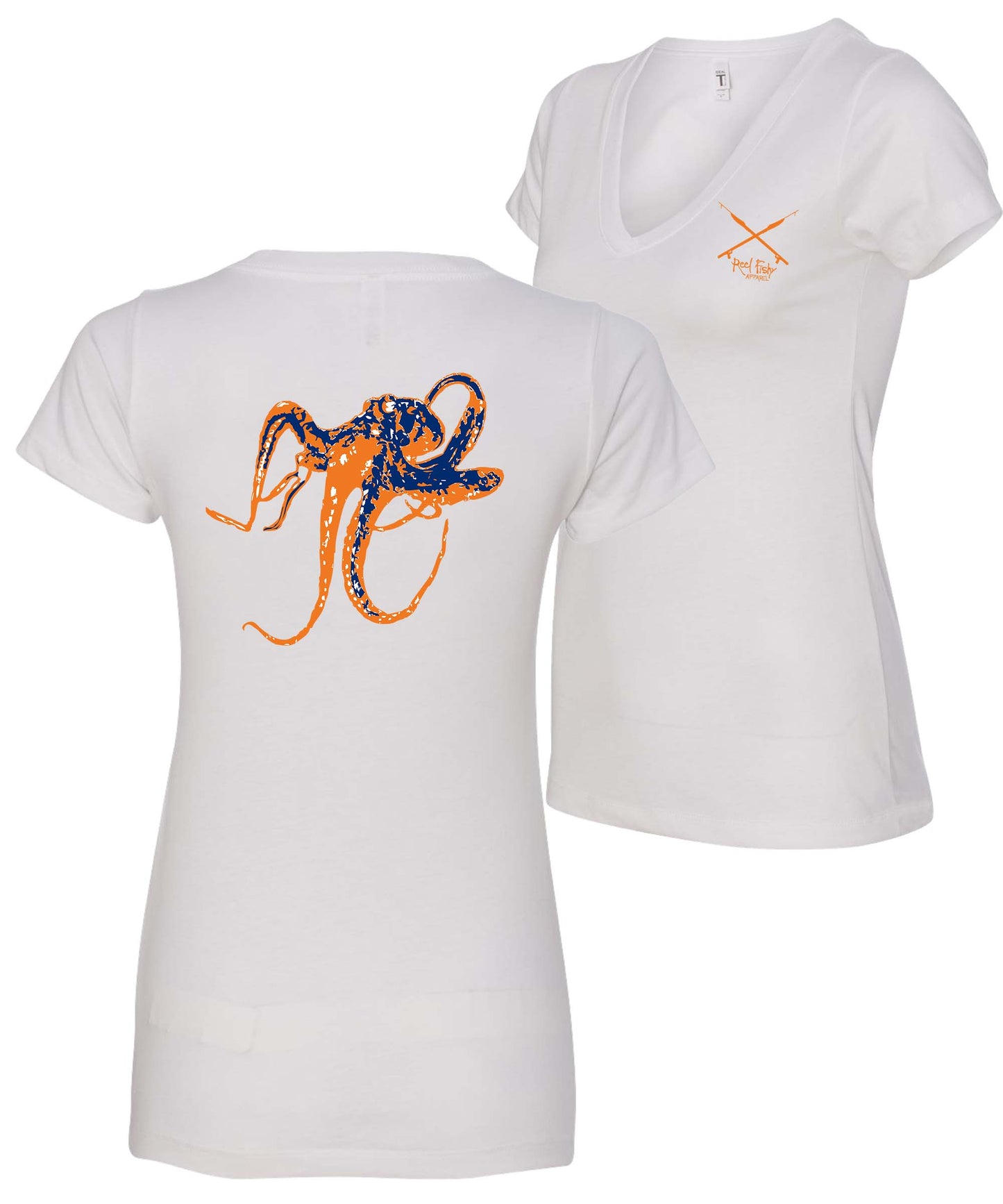 White Ladies Octopus V-neck Short Sleeve Cotton Tee - Reel Fishy Apparel Spearguns logo on front