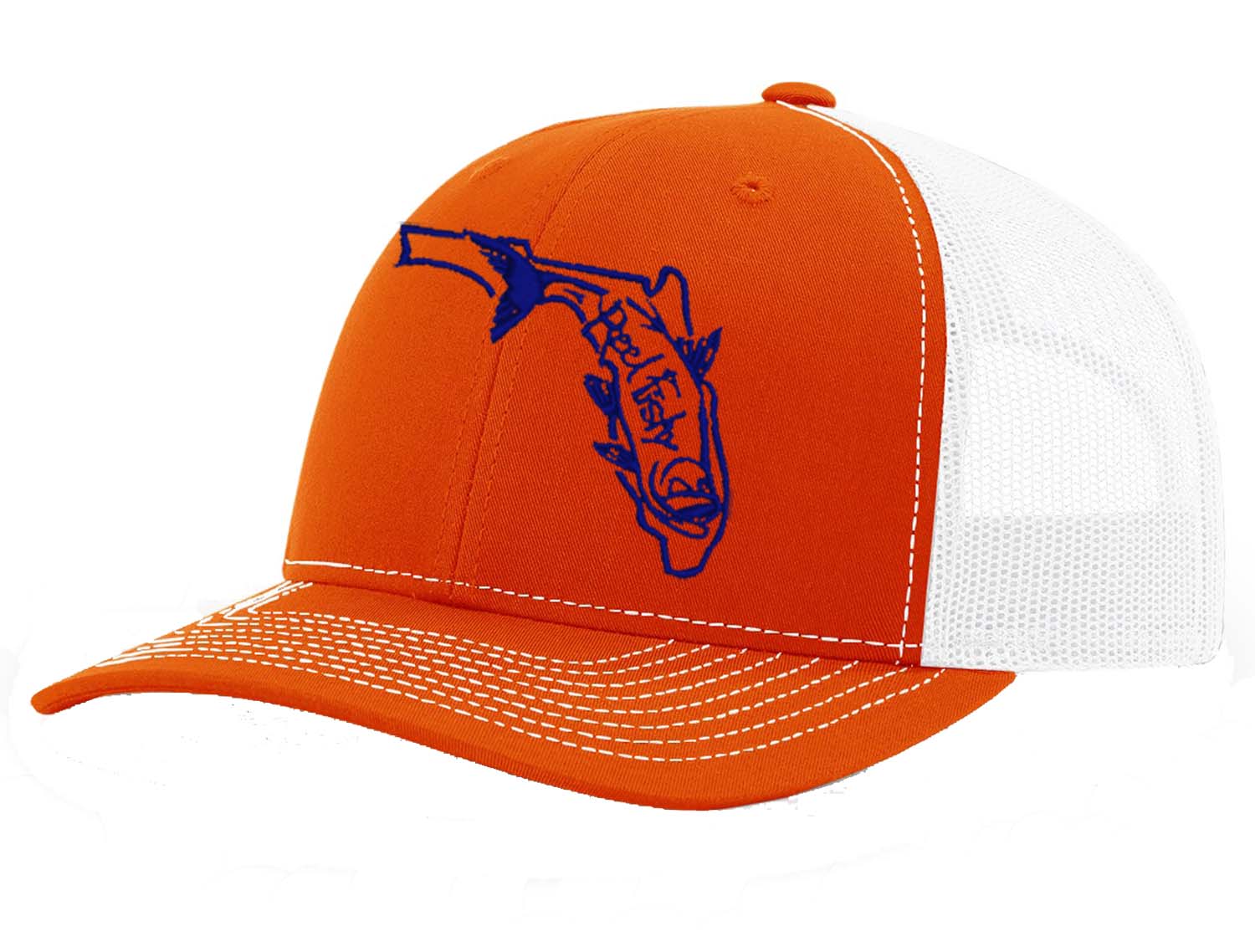 State of Florida Tarpon Reel Fishy Logo - Orange/White Trucker Hat w/Royal Logo