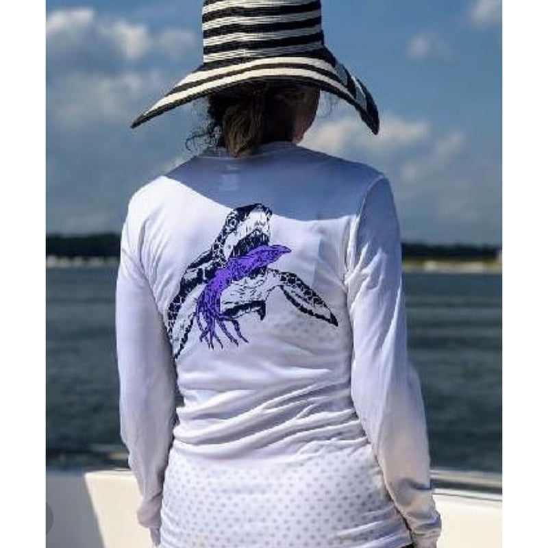 Turtle with Squid Performance Fishing Dry-Fit Long Sleeve with Sun Protection - White